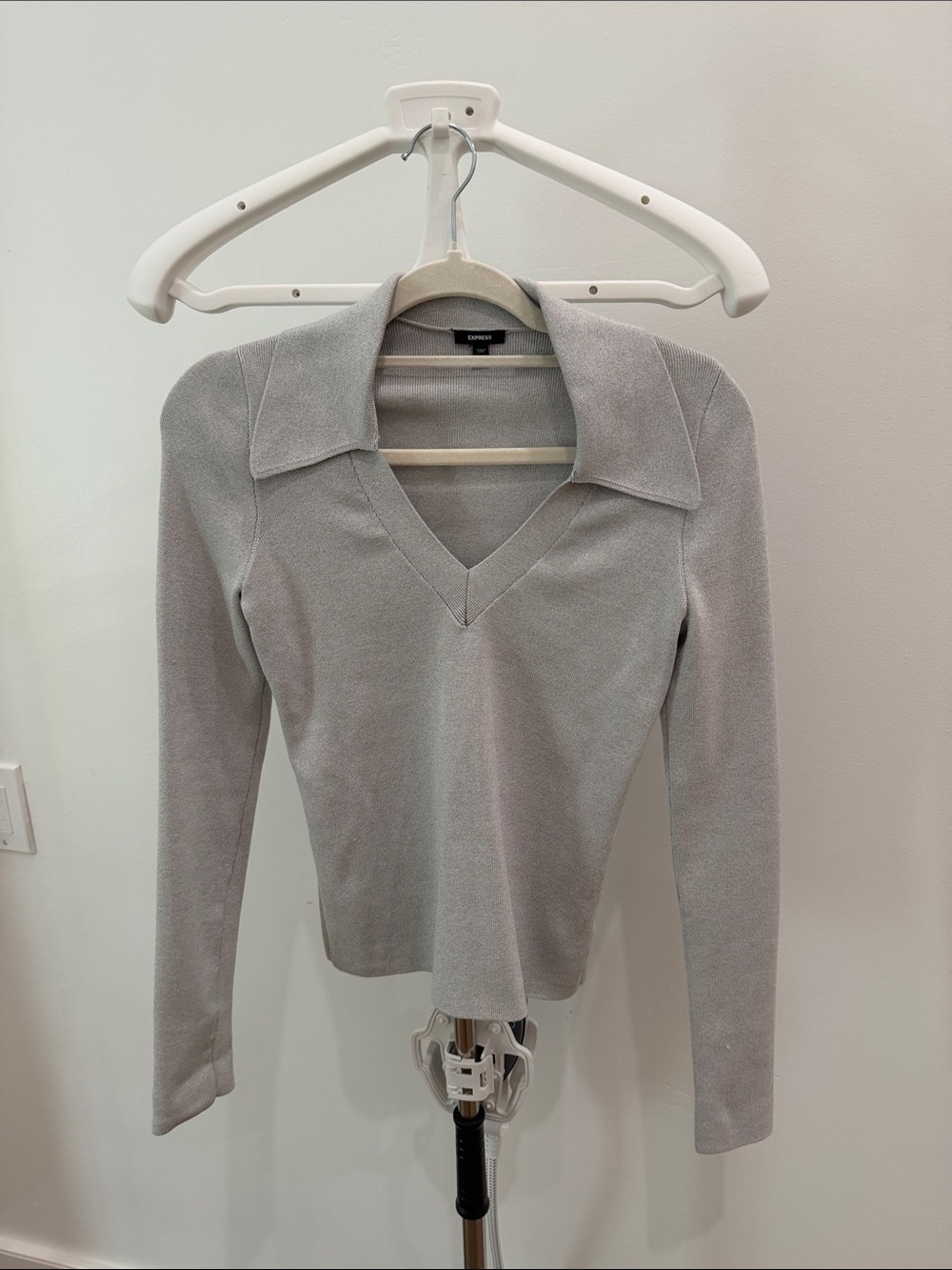Express Light Gray V-Neck Collared Sweater
